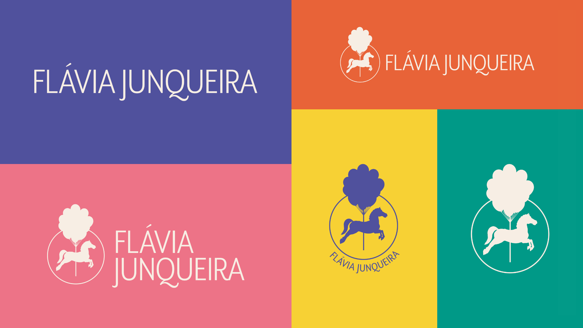 Paleta da nova identidade de Flávia Junqueira em cinco cores, com variações do símbolo e do lettering