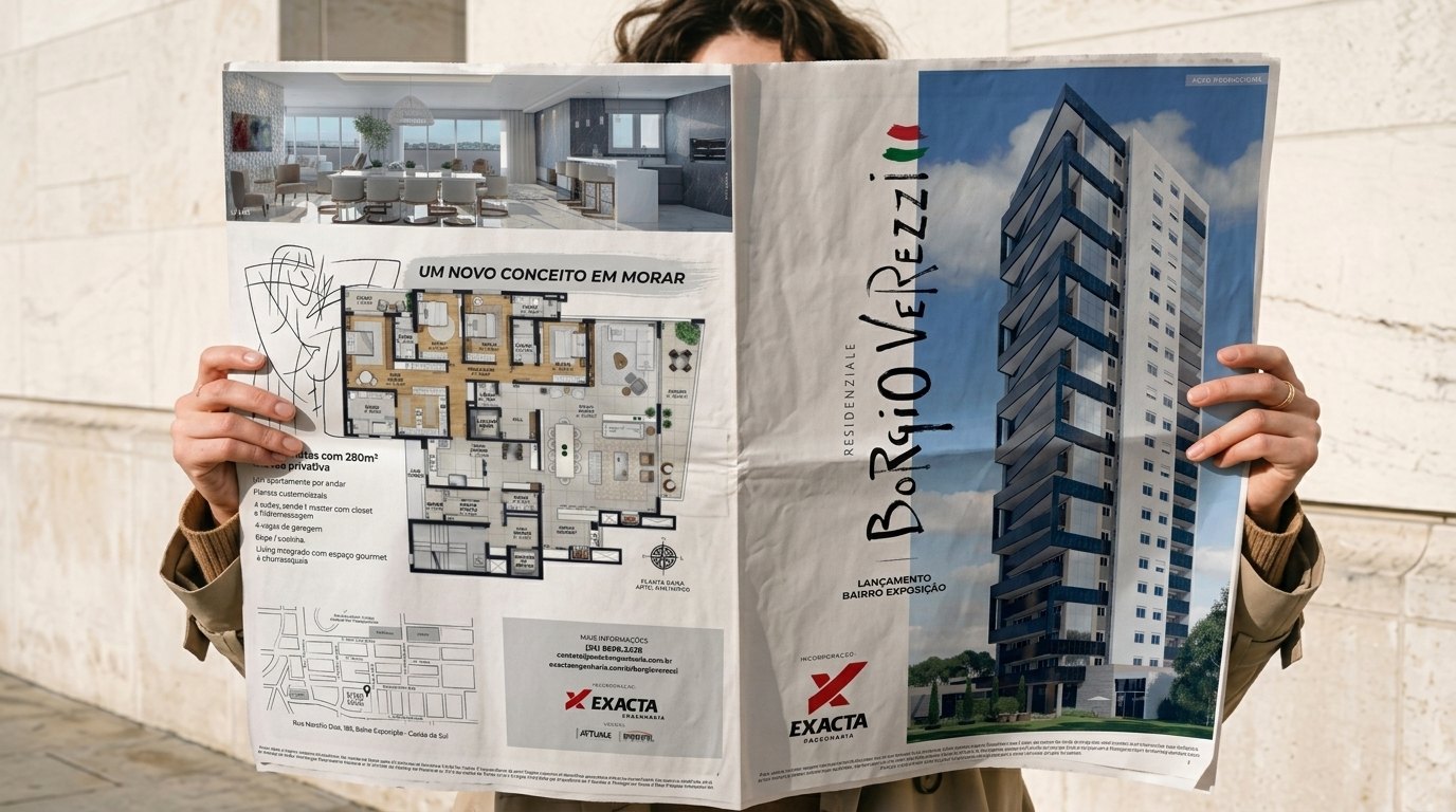 Anúncio de jornal do Borgio Verezzi aberto em duas páginas, com planta e perspectiva da fachada