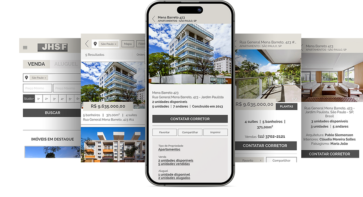 Aplicativo JHSF Real Estate apresentado em smartphone central, acompanhado por telas de busca e cards de imóveis