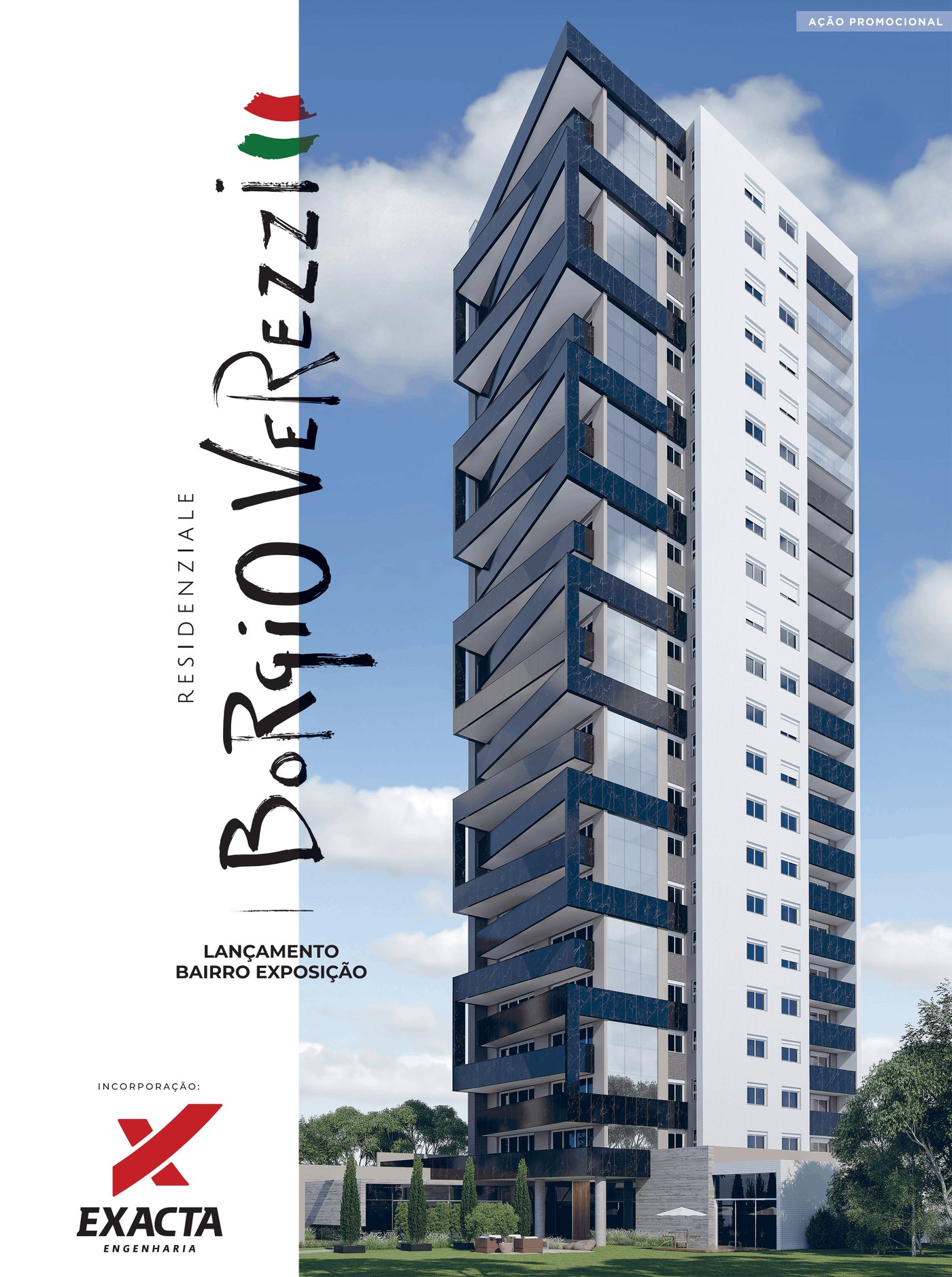 Arte do anúncio de lançamento do Borgio Verezzi com a perspectiva da torre